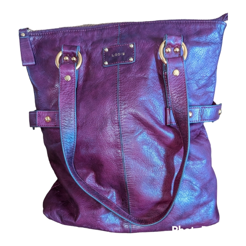 Lodis large purple leather handbag with gold accents